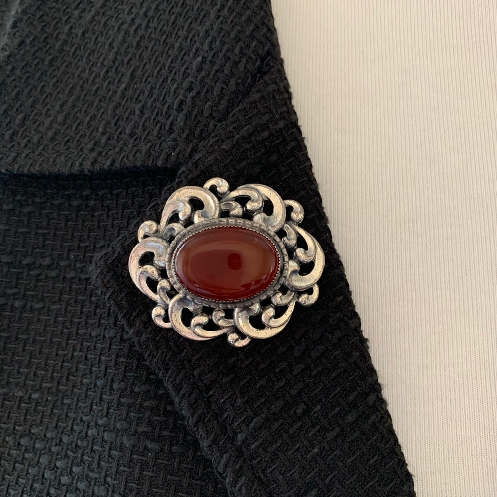 Silver and Rust Stone Brooch Vintage
